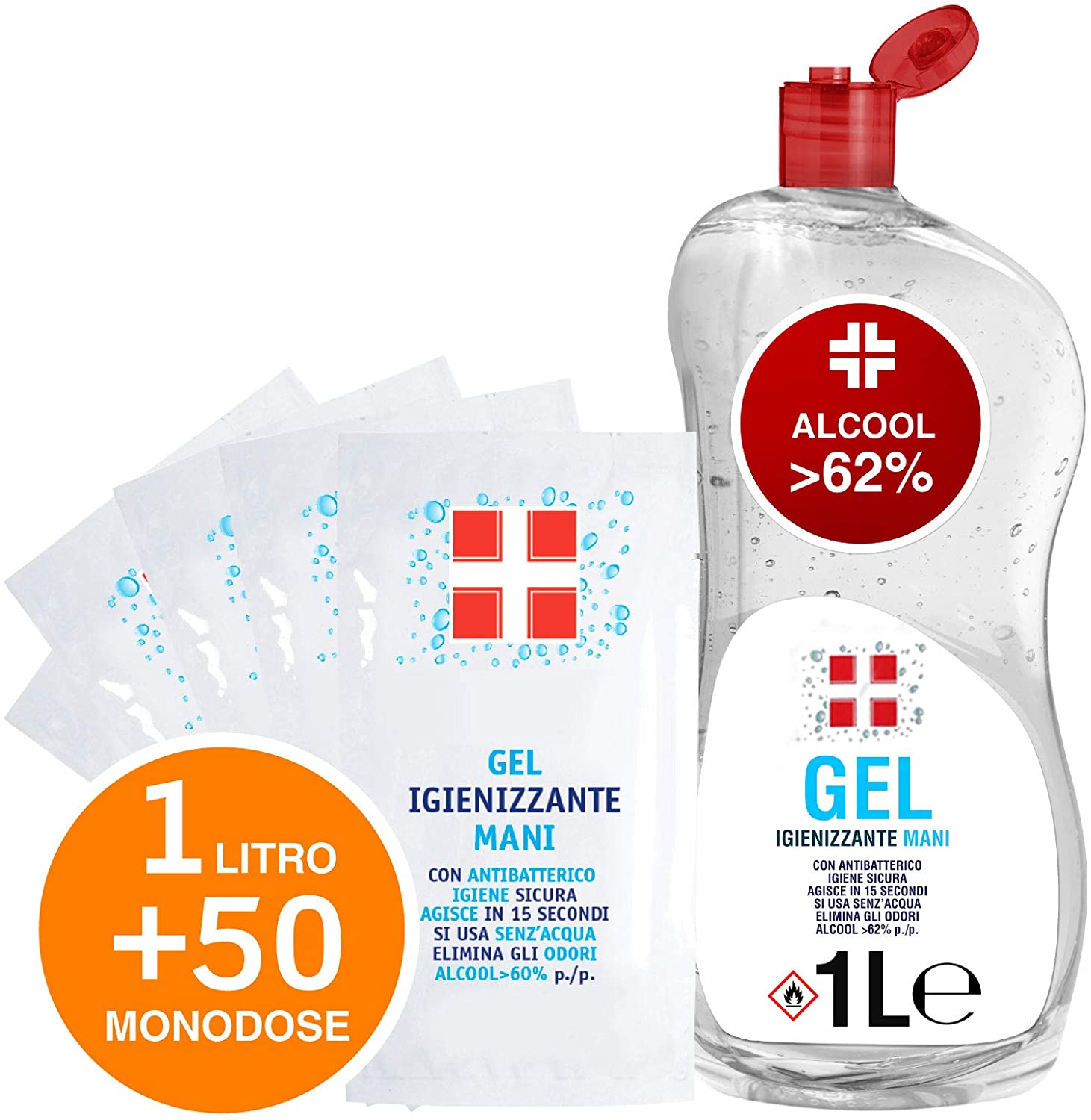 1 Litro Gel mani + 50 Bustine Monodose 6ml Igienizzante Detergente Alcool > 62% 1000 ml Agisce in 15 secondi
