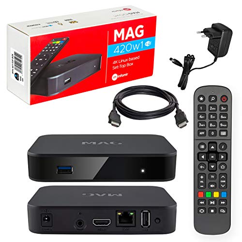 Mag 420w1 Original Infomir & HB-DIGITAL 4K IPTV Set Top Box Multimedia Player Internet TV IP Receiver # 4K UHD 60FPS 2160p@60 FPS HDMI 2.0# HEVC H.256 # Arm Cortex-A53 # WiFi (802.11n) + Cavo HDMI