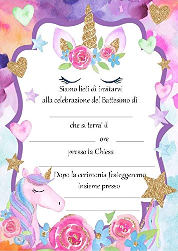 Giomel Inviti Battesimo Unicorno Bambina Partecipazioni 20 Pezzi 10 x 15 cm