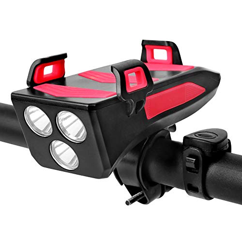 Luci Bicicletta LED, Ricaricabili USB 4 in1 Impermeabile Luce per Bicicletta con Clacson Bici & Porta Cellulare da Bici & 4000 mah Power Bank, Fanale Anteriore Bicicletta Facile Installazione (Rosso)