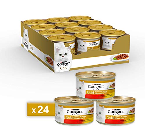 Purina Gourmet Gold Umido Gatto Doppio Piacere con Manzo e Pollo, 24 Lattine da 85 g Ciascuna, Confezione da 24 x 85 g