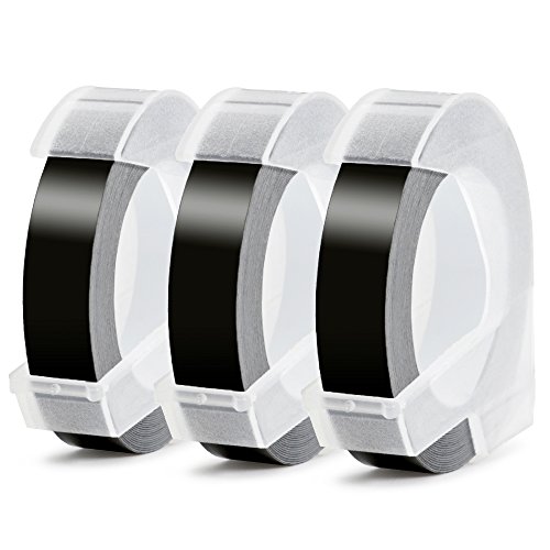 3D Nastro Etichette a Rilievo Aken compatibile in sostituzione di Dymo Embossing Tape Adesive S0847750 Bianca su Nero, per Dymo Junior Omega Etichettatrici a Rilievo, 9 mm x 3 m (Confezione da 3)