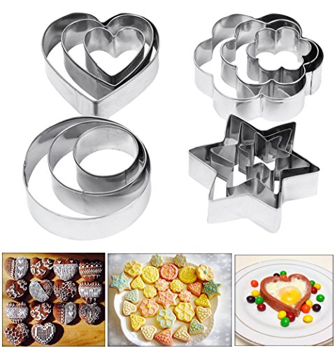 Amison, stampi per biscotti, 12 pezzi di metallo, forme: cuore stella cerchio e fiore