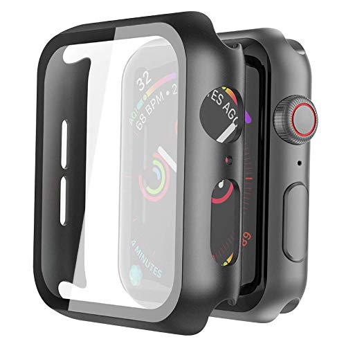 Misxi [2 Pezzi] Nero Cover Apple Watch Series 6 / SE/Serie 5 / Series 4 con Vetro Temperato 44mm, Custodia Rigida iWatch Protezione Totale Ultra Sottile HD Clear Pellicola Protettiva per Apple Watch
