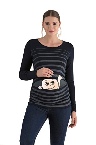 M.M.C. Winke Winke Baby – Divertente e divertente maglietta premaman a righe con motivo per la gravidanza, a maniche lunghe. Nero  L