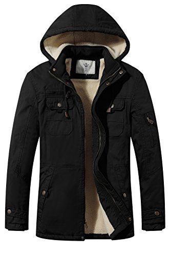 WenVen Cappotto Militare Invernale Caldo Parka con Cappuccio Staccabile Antivento Giacca Media Lunga in Pile Giubbotto da Lavoro Classico Uomo Nero M