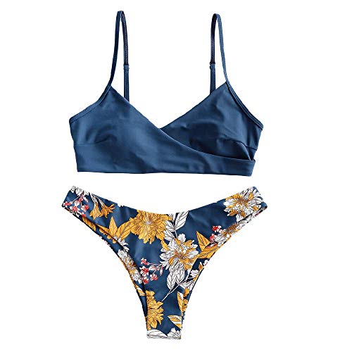 Zaful Bikini da donna composto da reggiseno push-up e slip a vita alta, con motivo floreale, costume da bagno estivo Blu fiore S