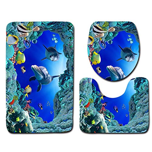 Chennie 3 Pezzi/Set Ocean Style Underwater World Delfino Carpe Toilet Mat 3D Dolphin Print Set di tappeti da Bagno