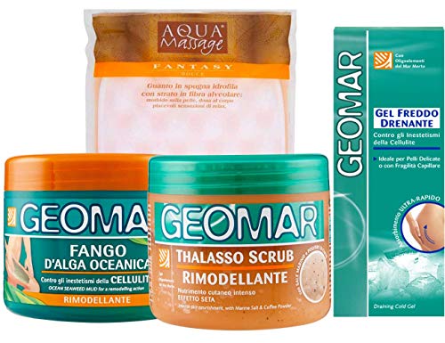 GEOMAR SET TRATTAMENTO ANTICELLULITE - FANGO D'ALGA OCEANICA, 500ML - THALASSO SCRUB RIMODELLANTE - crema corpo gel freddo drenante 200ml - più guanto in spugna idrofila.