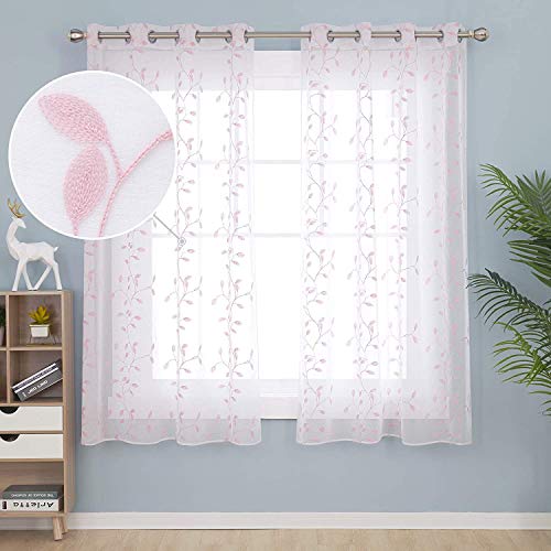 Deconovo Tende Ricamate Finestre in Voile Trasparenti per Cucina e Soggiorno Eleganti con Occhielli 140x138cm Rosa 2 Pannelli