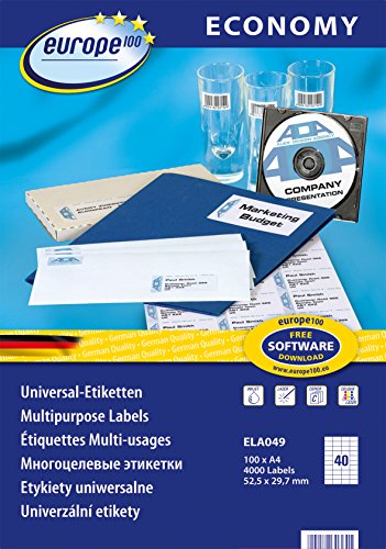 europe100 ELA049 - Etichette universali, 52,5 x 29,7 mm, 100 fogli per 4000 etichette, colore: bianco