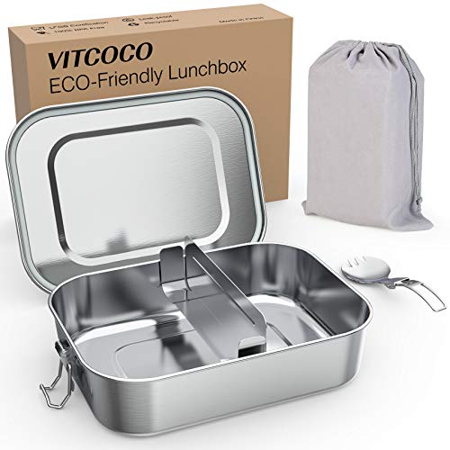 VITCOCO Bento Box,Scatole Porta Pranzo,1200ml Kids Adulti Lunch Box Acciaio Inox Contenitore per Il Pranzo Alimenti a Prova di Perdite Portatile Divisorio Rimovibile e Forcella Pieghevole (Senza BPA)