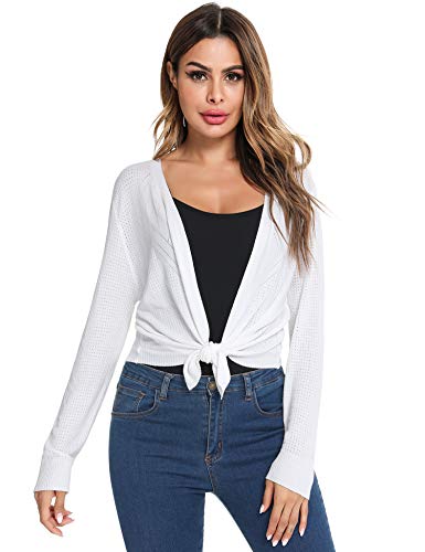 Irevial Cardigan da Donna Elegante, Coprispalle Estivo Donna Manica Lunga, Bolerino Corto Leggero, Cardigan Corto Donna Tinta Unita Maglia Maglione Apertura Frontale con Nodo di Chiusura