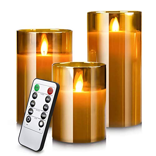 YMing Vetro marrone Candele LED Senza Fiamma Reale, Set di Cera Autentica Candele Decorative in 3 Pezzi(10 cm, 12,5 cm, 15 cm), Decorazione Casa, Ristorante, Ufficio, Ambiente Romantico e Caldo.