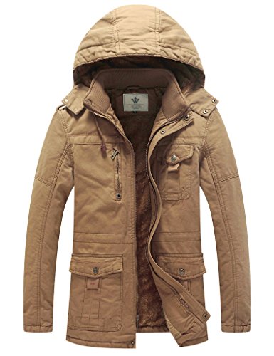 WenVen Giacca in Cotone Stile Militare Coat Hood Warm Windproof Jacket Outdoor Casual Parka Pesante Imbottita Uomo Cachi XL