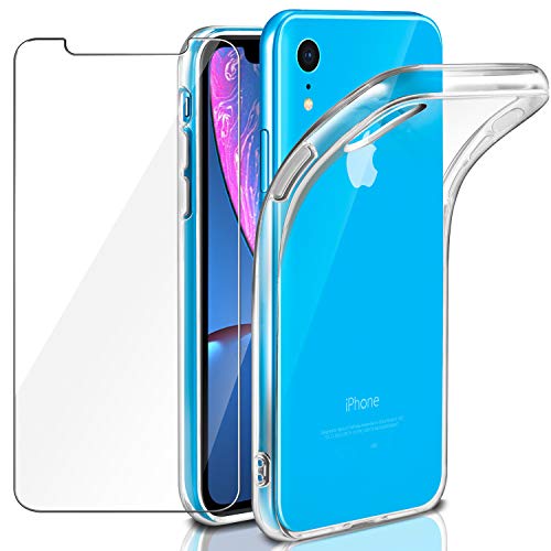 Cover iPhone XR Custodia + Pellicola Protettiva in Vetro Temperato, Leathlux Morbido Trasparente Silicone Custodie Protettivo TPU Gel Sottile Cover per Apple iPhone XR 6.1