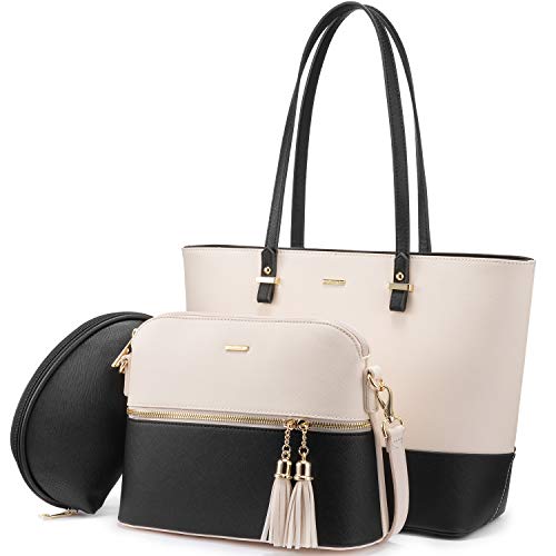 LOVEVOOK Borsa Donna Borsa a spalla Donna Borse a Mano Portafoglio Borsa grande per ufficio Scuola Shopping Viaggio Nappa Cerniera Set di 3 pezzi Beige-Nero