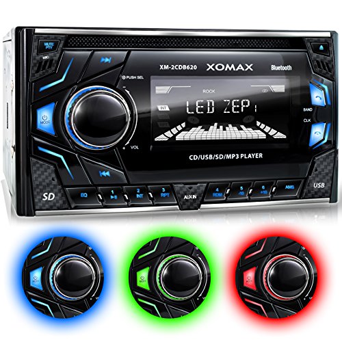 XOMAX XM-2CDB620 Autoradio con lettore CD I Vivavoce Bluetooth I RDS I 3 colori regolabili (rosso, blu, verde) I USB, Micro SD, AUX I 2x Collegamento per subwoofer I 2 DIN