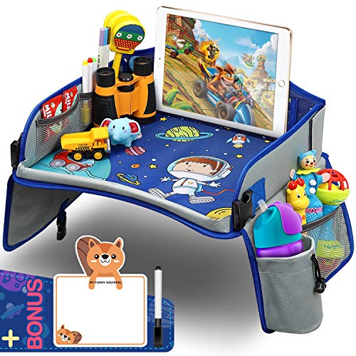 Yooly Vassoio da Viaggio Bambini per auto Toddler, Universale Tavolo Seggiolino Auto Spazio Colorato Superiore Ulteriori Tasche Organizzatore Ampio Supporto per iPad e Tazza per Auto/Passeggino/Aereo