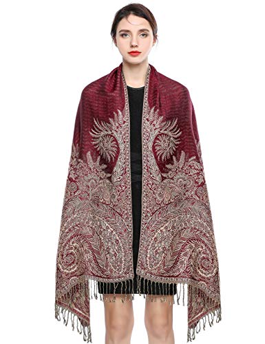 EASE LEAP Sciarpa Pashmina per donna scialle avvolgente caldo di lusso con sensazione di seta Hijab Paisley in colori con frange 200 * 70cm/(Vino rosso)
