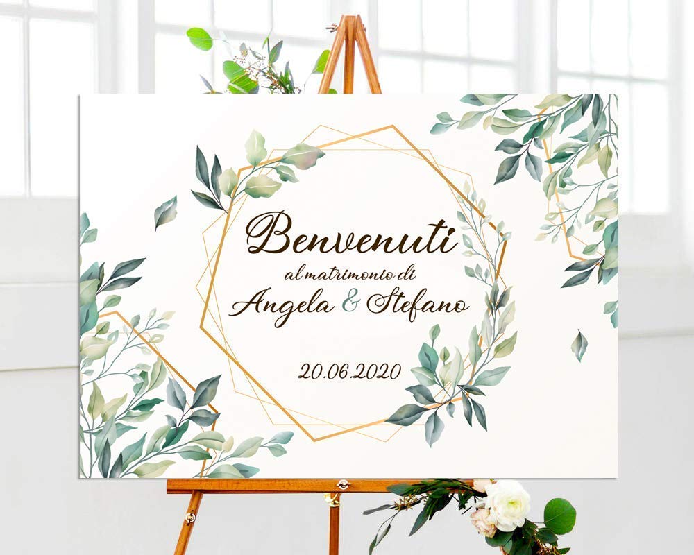 Cartello benvenuto matrimonio - Pannello accoglienza invitati personalizzato greenery geometrico