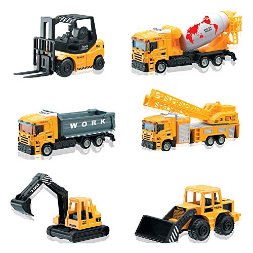 deAO Camion di Costruzione Set di 6 Veicoli Giocattolo Scala 1:64 Movimenti Realistici Die-Cast e Plastica Camion Elevatore, Miscelatore, Caricatore, Ribaltabile, Bulldozer, Gru