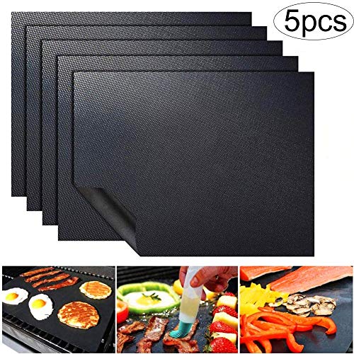 BETOY Tappetini per Barbecue, Tappetino Grill BBQ, Tappetini da Barbecue 5 Set Antiaderenti Mat Cottura Riutilizzabili Tappetini da BBQ Griglia Facile da Pulire Barbecue E Cottura (40x33cm)