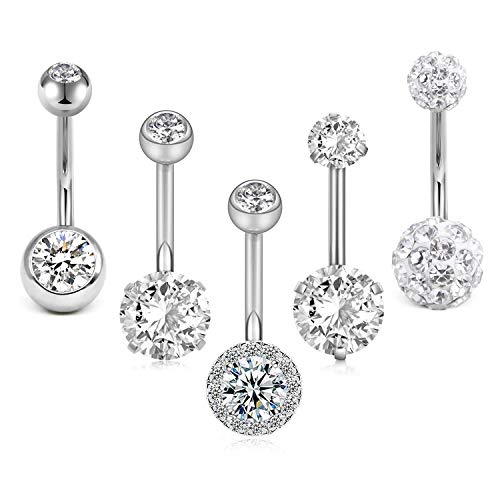 Crdifu 5pcs Anello di Ombelico in Acciaio Inox Set 14 Gauge 10mm Barbell Ombelico Bar Piercing Gioielli