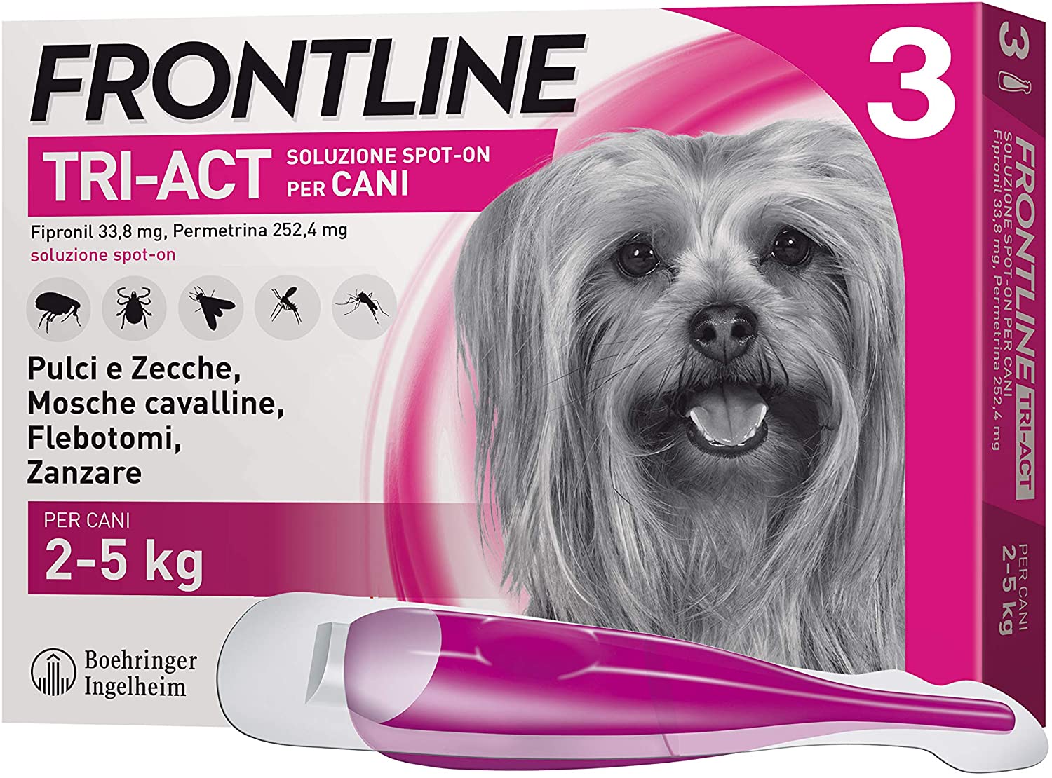 Frontline | TriAct Spot On Cani | Protezione da pulci, zecche, mosche cavalline pappataci | 3 Pipette | Cane XS (2 - 5 Kg)