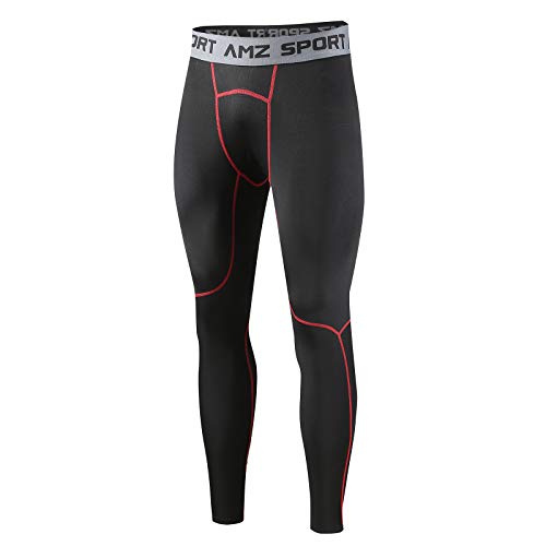 AMZSPORT Pantaloni Compressione Uomo Calzamaglia Lunga Termici in Pile Leggings Running Palestra, Nero Rosso, L