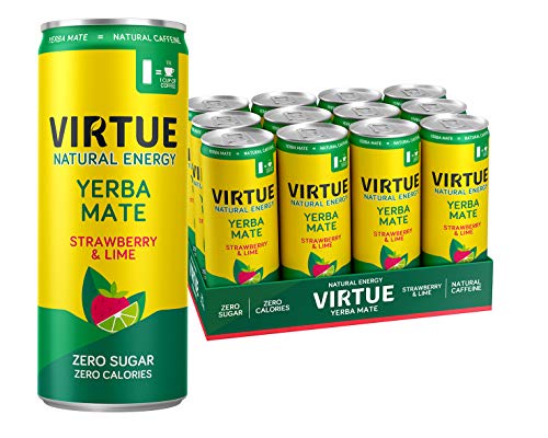 VIRTUE Yerba Mate - Natural Energy Drink - Zero Sugar, Zero Calories (Strawberry & Lime, 12 Pack)