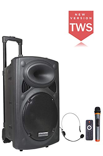 DYNASONIC Dynapro - Sistema Audio da 12 pollici Professionale, con microfono senza filo e con filo Portatile (lettore USB/SD, Bluetooth, Radio FM e microfoni), colore nero (DYNAPRO 12)