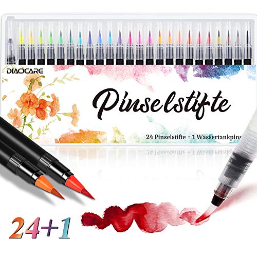 Pennarelli Acquerello Professionali,DIAOCARE Set da 24 colori + 1 Penna per Acqua di Pennello Morbido Flessibile,Brush Pens per Artisti Bambini Adulti Calligrafia,Lettering,Disegno a Colori