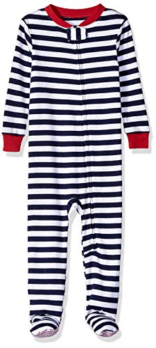 Amazon Essentials Zip-Front Footed Sleeper Infant-And-Toddler-Bodysuit-Footies, Navy Stripe, 2T