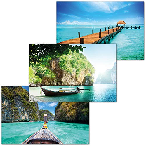 GREAT ART Set di 3 Poster XXL - Giro in Barca Tailandia - Longtail Boat Tropicale Baia Giungla Molo nel Mare Decorazione d'Interni Murale Manifesti cadauno 140 x 100 cm