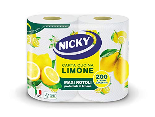 Nicky Limone Carta Cucina | Confezione da 2 Rotoli a 2 veli | 100 fogli per rotolo | Grande Assorbenza, Spesso e Resistente | Profumato al Limone | Carta 100% certificata FSC®