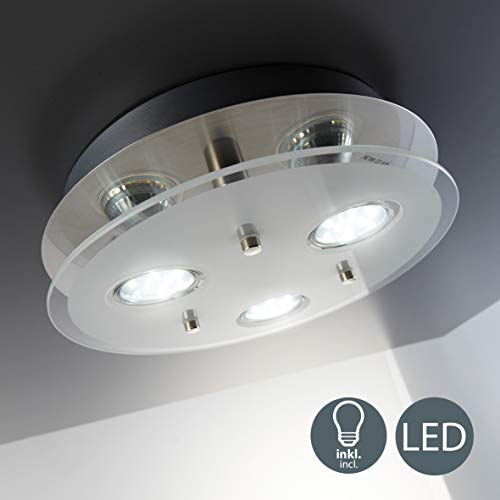 Plafoniera LED da soffitto, include 3 lampadine GU10 da 3W 250Lm, luce calda 3000K, lampada moderna da soffitto, lampadario rotondo diametro 25cm, metallo color nickel opaco e vetro, 230V IP20