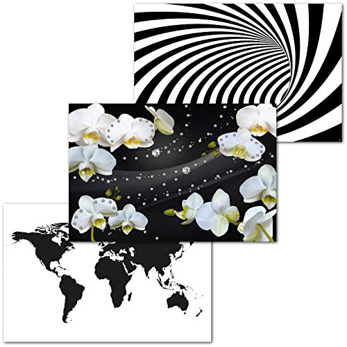 GREAT ART Set di 3 Poster XXL - Graphic Design Lover - Illustrazione Effetto Doppler Bianco Nero Mappamondo Orchidea Diamanti Decorazione Interni Murale cadauno 140 x 100 cm
