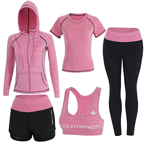 BOTRE 5 Pezzi Tute da Ginnastica Donna Tute Sportive Yoga Fitness Palestra Running Jogging Completi Sportivi Abbigliamento (Rosa, L)