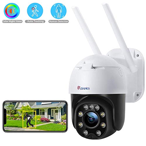 Telecamera wifi esterno con Visione Notturna a Colori, Ctronics 1080p PTZ Zoom Digitale IP Videocamera di Sorveglianza con Pan 355° e Tilt 90°, Auto Tracking, Rilevazione Umana, Audio Bidirezionale