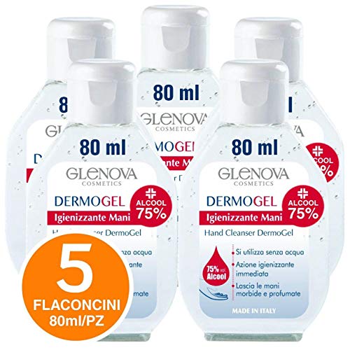 5 Flaconi Gel per Mani GLENOVA 80ml Alcool 75% Igienizzante Antibatterico Profumato Tascabile Sanificante Alcolico Efficace Contro Germi Batteri (5x 80ml)