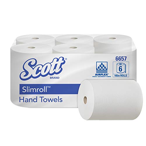 Scott 6657 Asciugamani in rotolo Slimroll, 6 rotoli da 165 m, Fogli di carta a 1 velo, Tecnologia Airflex*, Colore: Bianco, 06657000