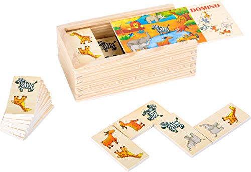 Domino Safari in legno certificato FSC® 100%, divertente gioco di posa con motivi di animali colorati