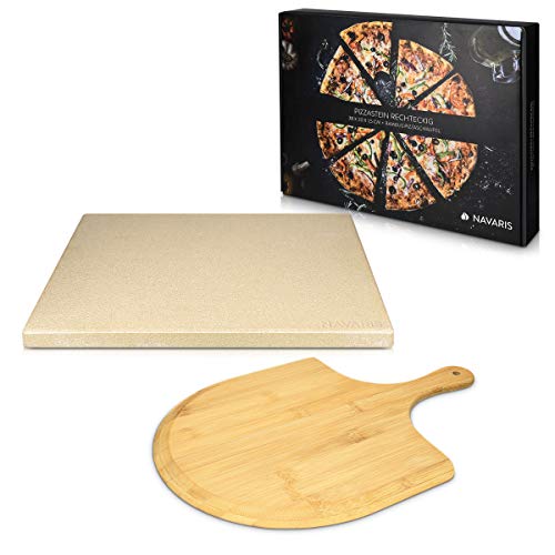 Navaris Pietra Refrattaria per Cottura Pizza - per Cuocere nel Forno di Casa Pane Pizze - Teglia Rettangolare 38x30cm Cordierite 800° con Pala Bambù