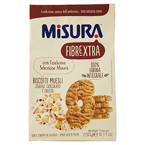 Misura Biscotti Integrali Fibrextra Muesli con Cereali, Gocce di Cioccolato e Frutta | 100% Farina Integrale | Ricchi in Fibre | Confezione da 230 grammi