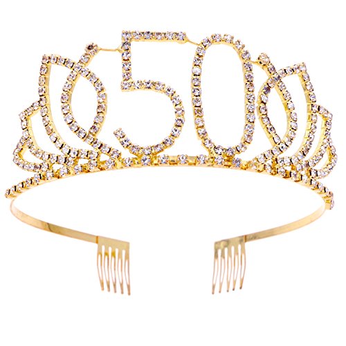 FRCOLOR - Tiara con strass e pettini, da donna, ideale come regalo per un compleanno di 50 anni, colore: oro