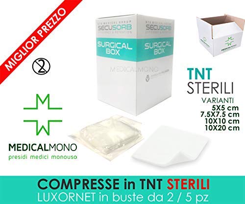 MEDICALMONO M26512 Compresse di garza in TNT STERILI cm 10X10 cm (50 buste da 5 garze) - Tot. 250 pz - LUXOR NET TNT SECUSORB in Surgical Box - 4 strati - 10X10 (50 buste da 5 garze) - Tot. 250 pz