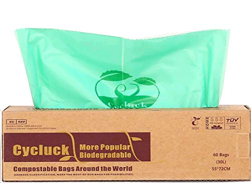 CYCLUCK 60 sacchetti 30L Sacchi per la spazzatura compostabili 100% biodegradabili Fatto da amido di mais Con EN 13432 6L 10L 30L Borse Rifiuti Alimentari (30L)