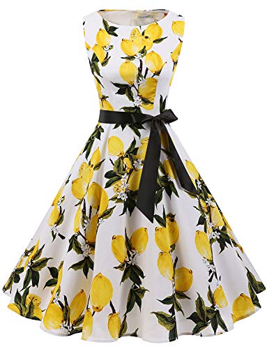 Gardenwed Annata 1950 retrò Rockabilly Polka Vestito da Audery Swing Senza Maniche Abito da Cocktail Partito Lemon Flower 2XL