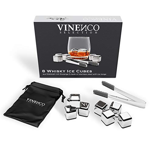 Cubetti di Ghiaccio Riutilizzabili, Set Pietre Acciaio da Whisky Refrigeranti + Pinza + Bustina | Idea Regalo Donna Uomo, Aperitivo Accessori Bar: Cocktail Whiskey Ice Cube Stone Kit, Festa Compleanno